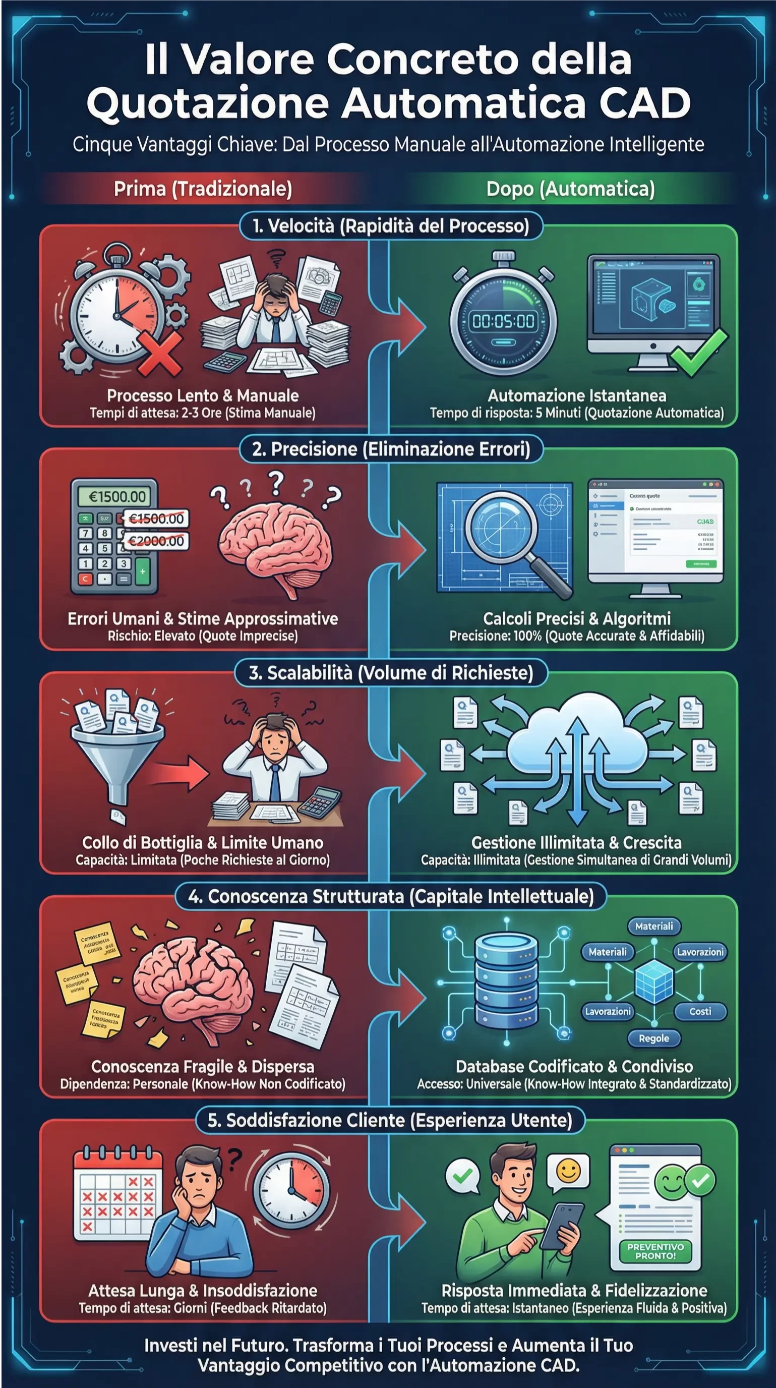 Infografica: Il Valore Concreto della Quotazione Automatica CAD - 5 benefici della soluzione AI: Velocità Straordinaria (2-3 ore vs 5 minuti)