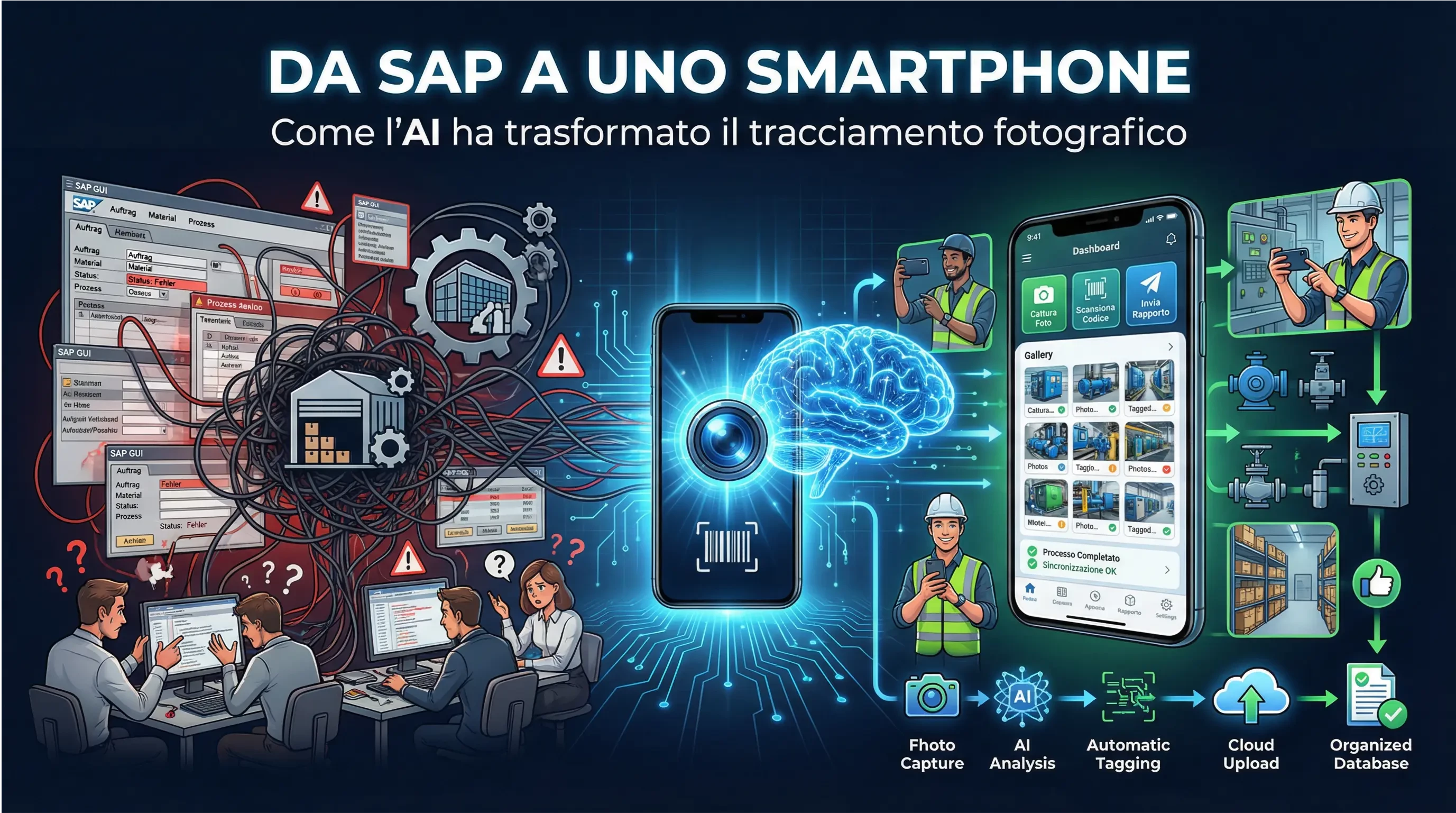 Copertina blog: Da SAP a Uno Smartphone - Contrasto tra la complessità di SAP (sinistra) e la semplicità dell'app mobile (destra), con uno smartphone al centro che scansiona un codice a barre e cattura foto di impianti in assistenza.