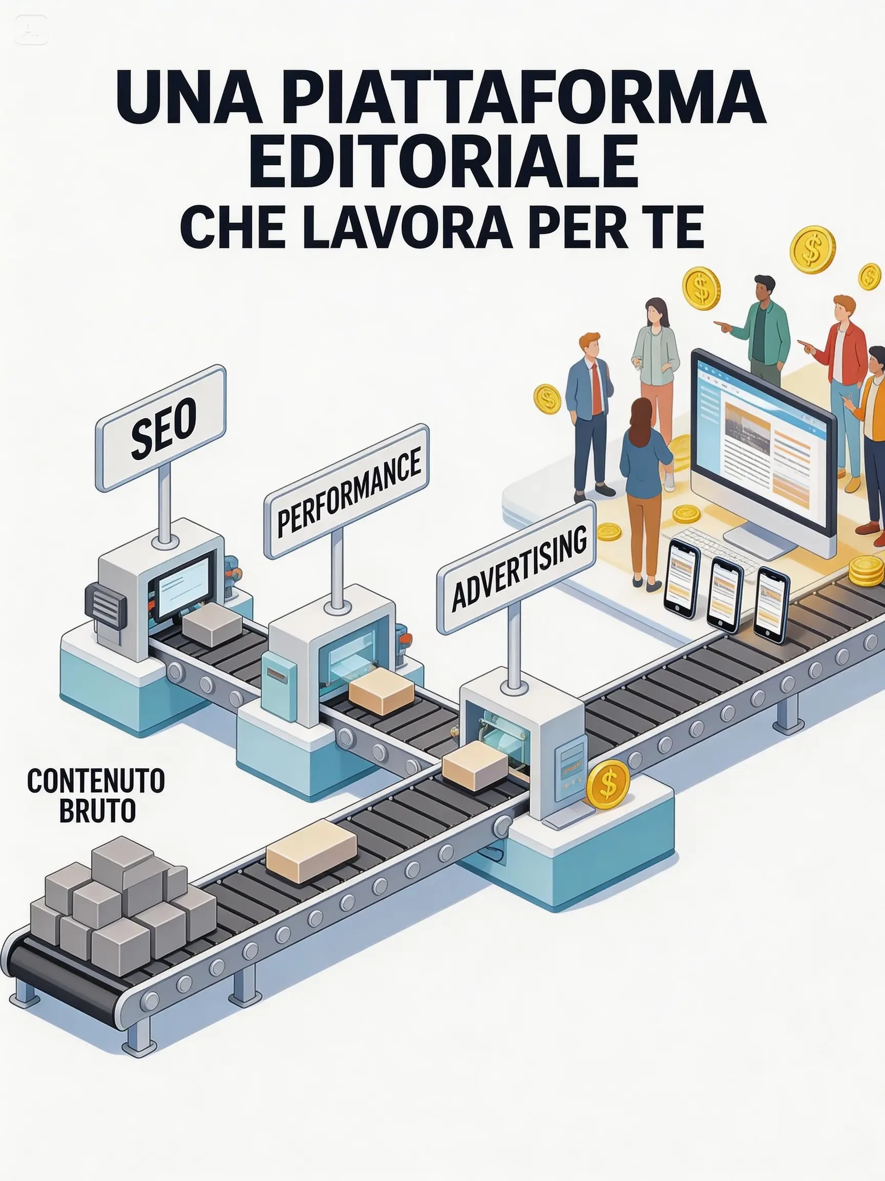 Isometric view of an automated content factory system, raw content blocks entering one end, passing through stations labeled 'SEO', 'Performance', 'Advertising'