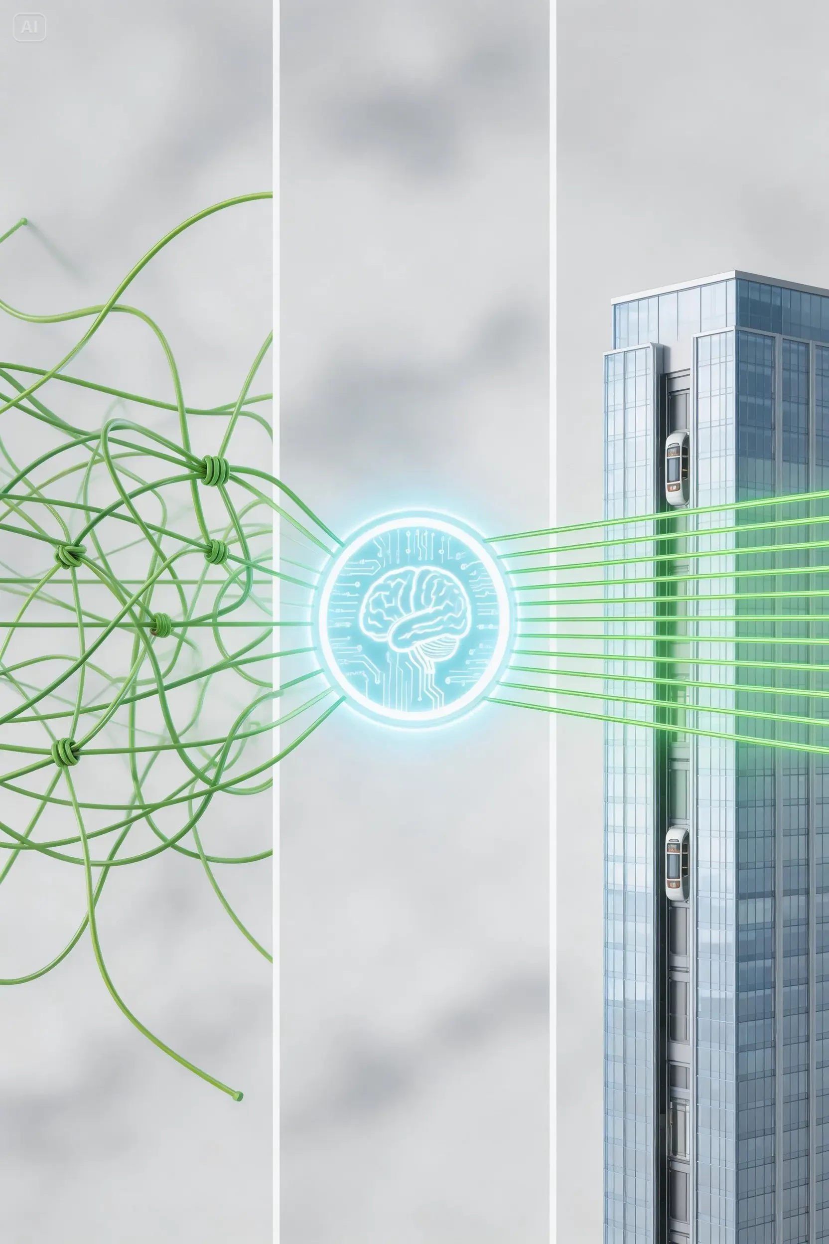 Abstract vision, left: a tangled, chaotic network of green lines representing scattered data, center: a bright AI node untangling these lines, right: lines transforming into clean, parallel data paths converging into a stylized modern building.