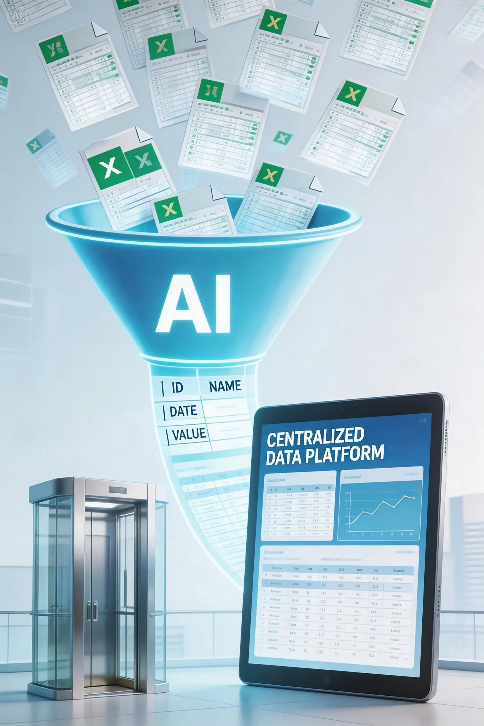 Visual metaphor of a funnel, top: a rain of countless disorganized Excel files falling into a bright digital funnel (AI), bottom of the funnel: a single ordered data stream feeding a centralized platform displayed on a tablet or holographic screen.