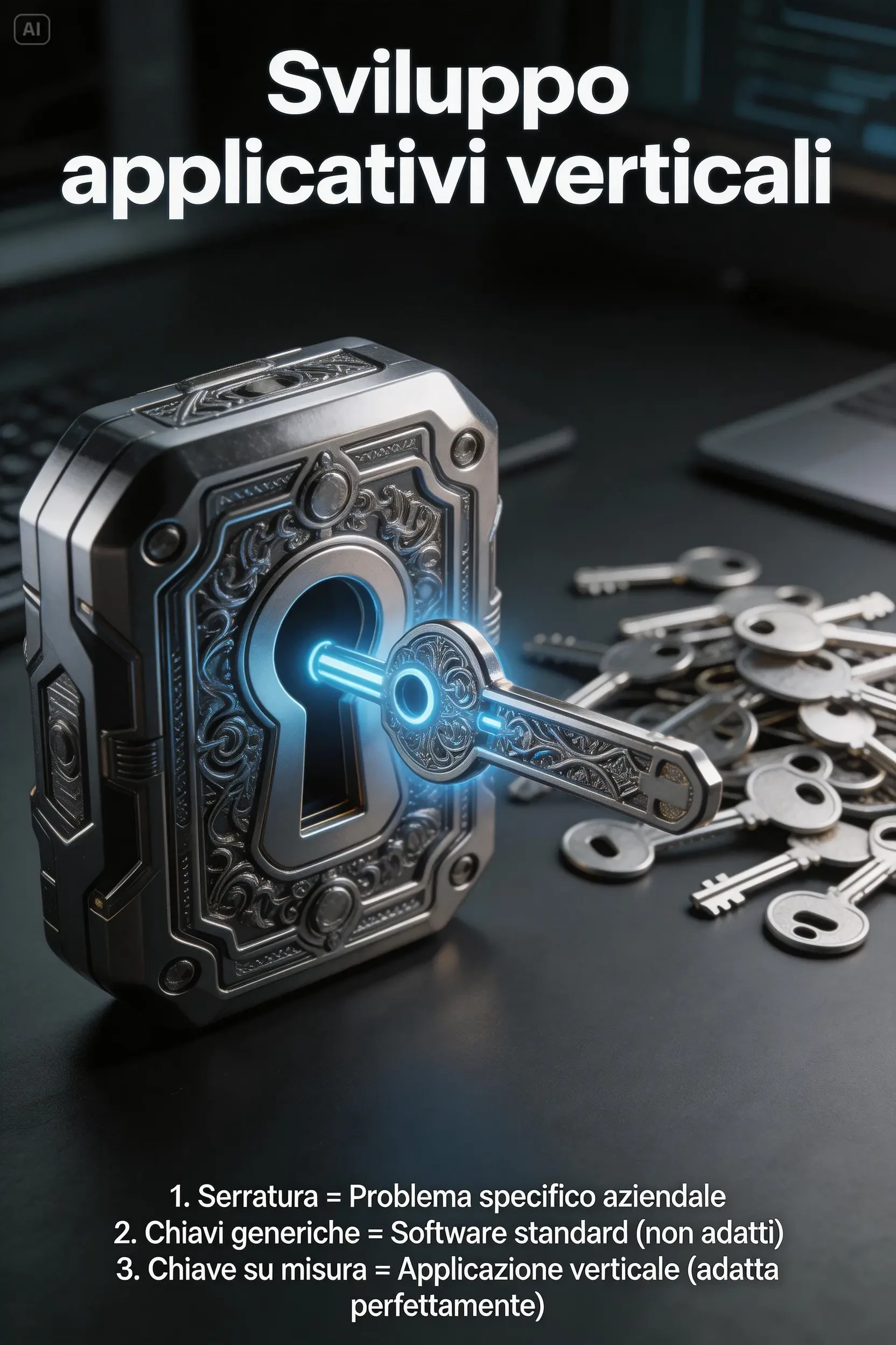 Concetto di sviluppo di applicazioni verticali, stile concettuale e tecnologico, serratura complessa e unica di design futuristico