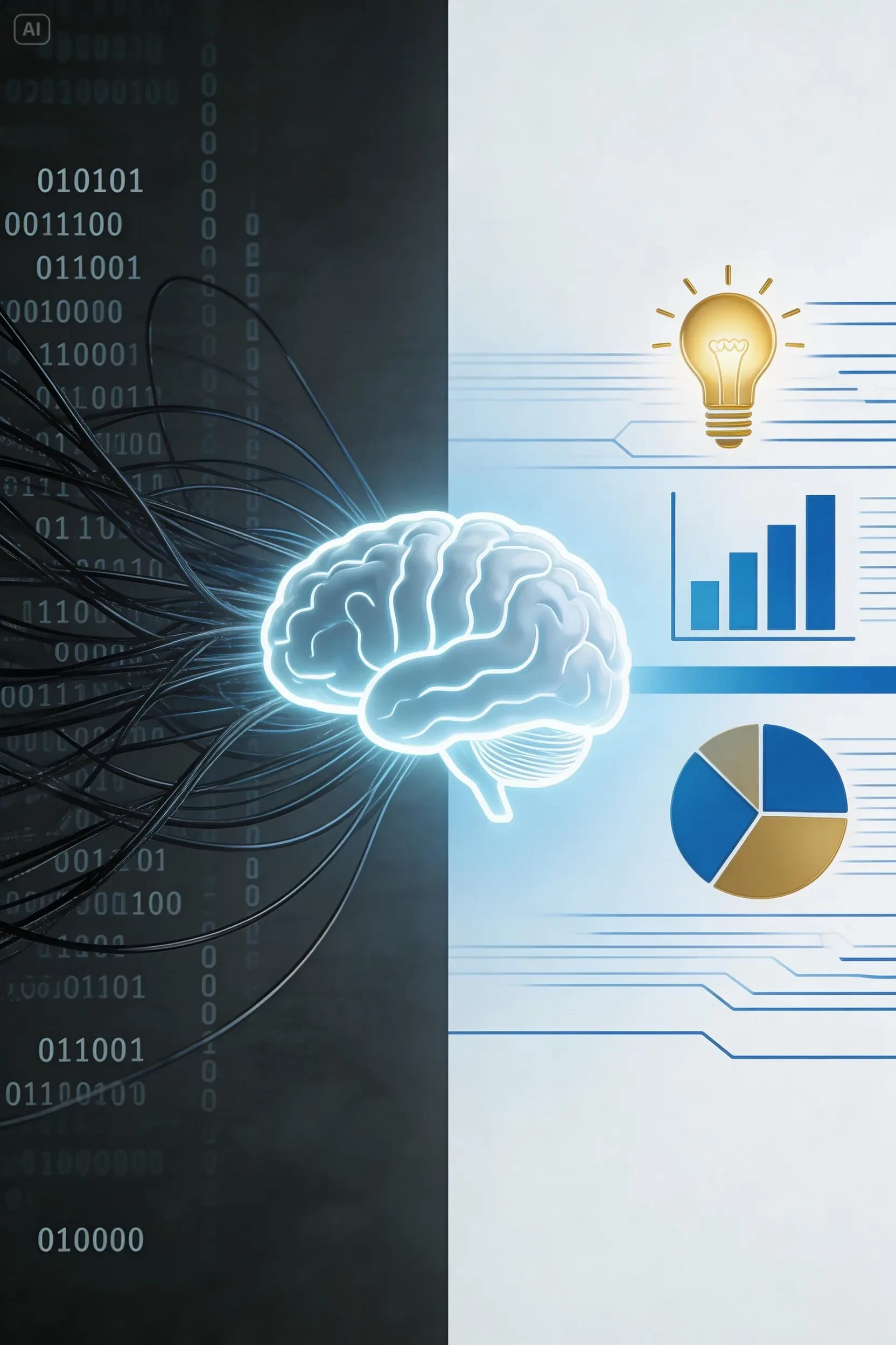 Sul lato sinistro, una nuvola caotica di dati grezzi (linee aggrovigliate, codice binario) in colori scuri, al centro, un cervello stilizzato e luminoso che rappresenta l'IA, sul lato destro, i dati si trasformano in grafici chiari e icone luminose (come 