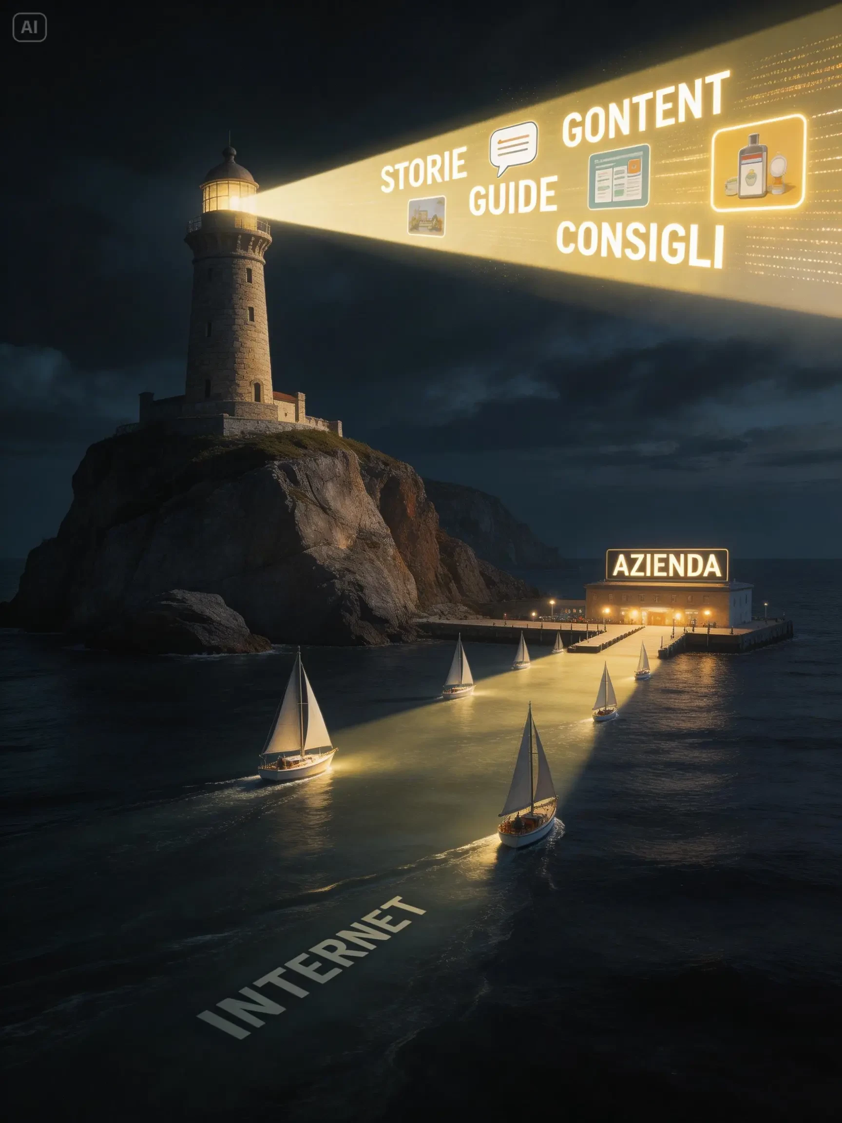 Faro imponente e ben costruito (sito web tecnicamente ottimizzato) su una scogliera, fascio di luce potente composto da parole e immagini che formano storie e guide (content marketing), illuminando il mare oscuro 