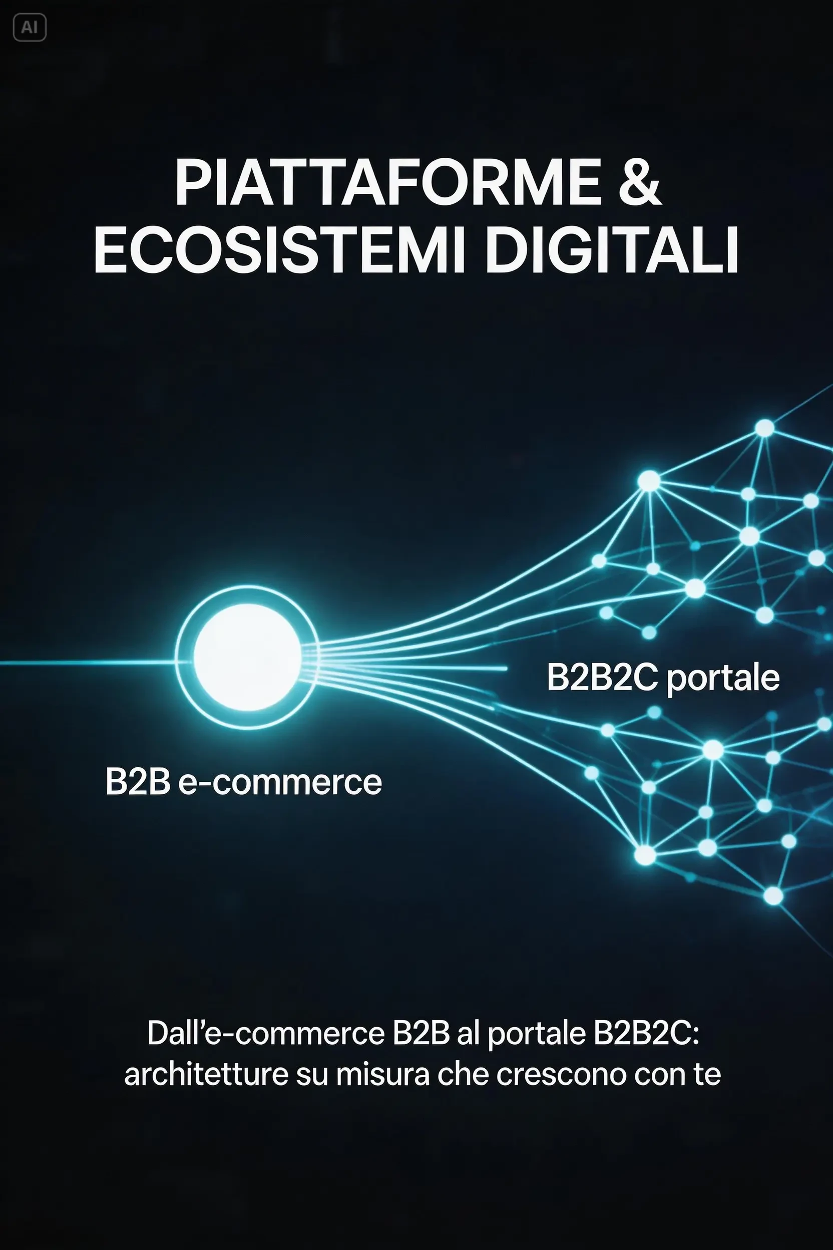 Abstract and technological digital illustration, concept of growing digital ecosystems, a bright abstract digital architecture on a dark background, expanding from a central core (B2B e-commerce) to a more complex and branched network (B2B2C portal)