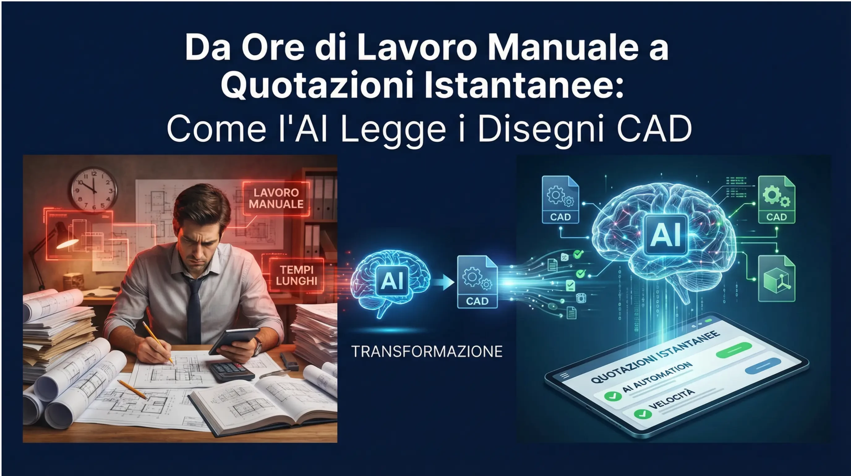 Split-screen design che mostra il contrasto tra il lavoro manuale di quotazione (sinistra, rosso, persona stressata con disegni) e l'automazione AI (destra, blu/verde, AI brain che processa i disegni CAD).