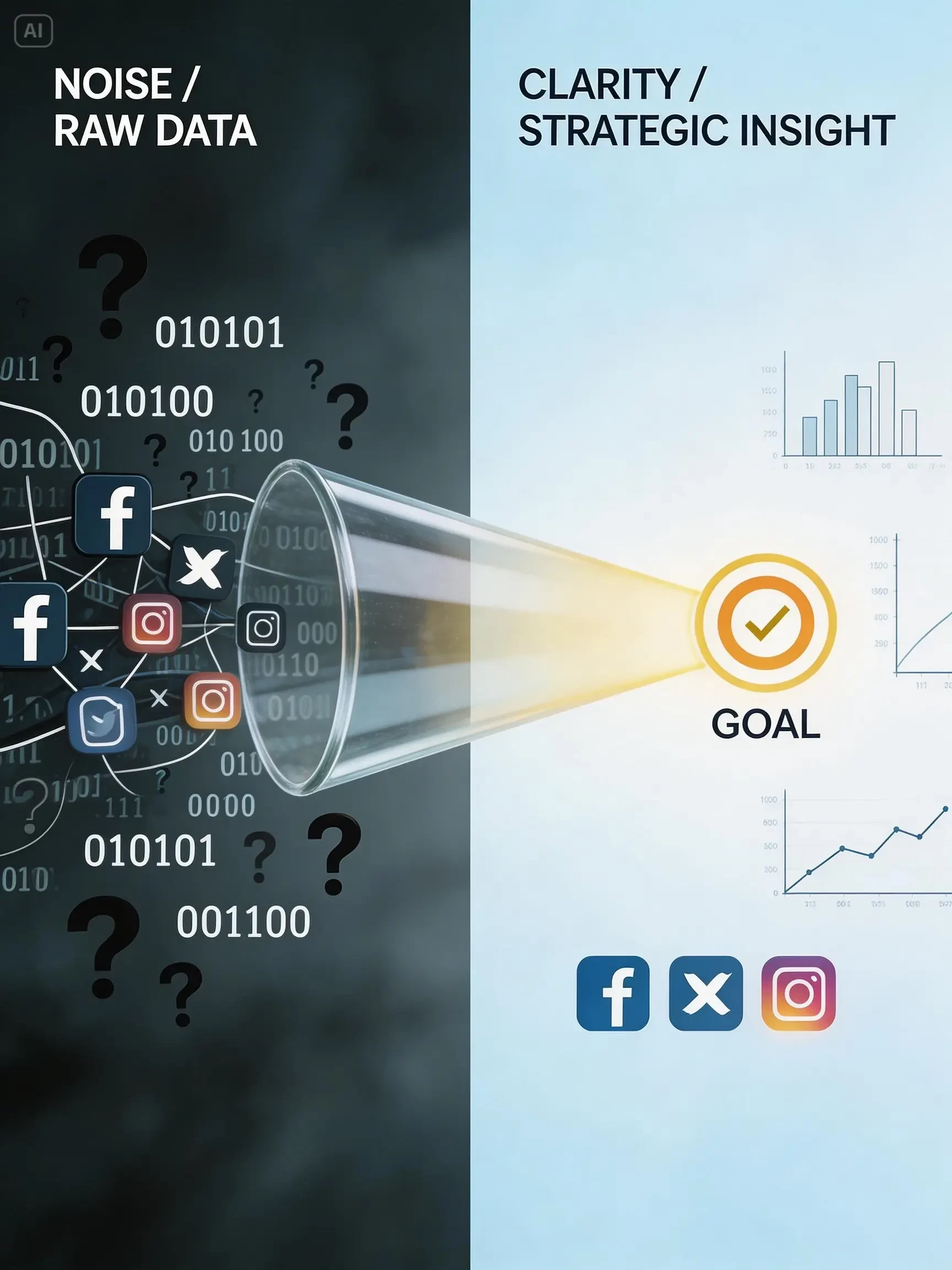 Conceptually split image: left side a chaotic cloud of raw data, confused social icons, question marks