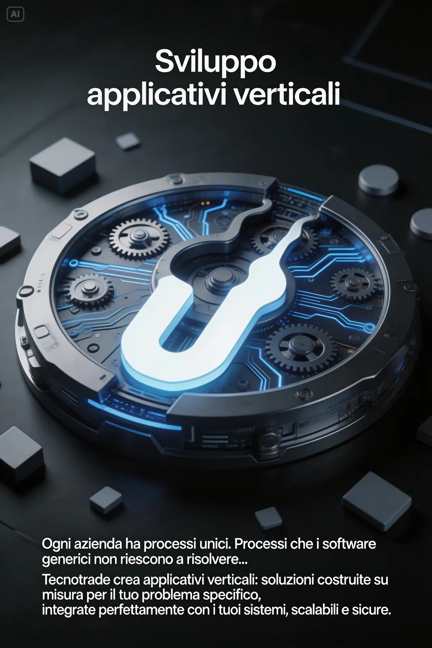 Concetto di sviluppo di applicazioni verticali, stile concettuale e tecnologico, macchina digitale complessa simile a un motore o orologio rappresentante i sistemi di un'azienda