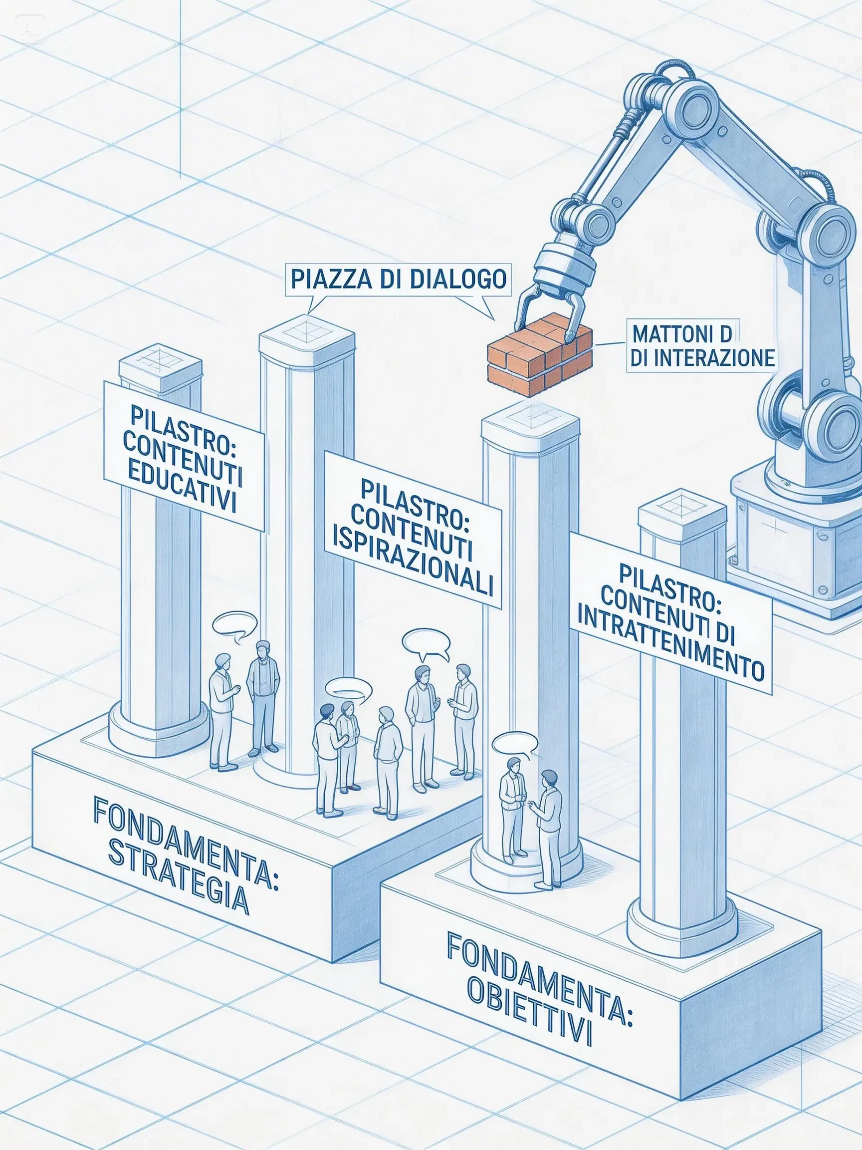 Blueprint isometrico di un hub di conversazione con fondamenta "Strategia" e "Obiettivi", pilastri "Contenuti Educativi", "Contenuti Ispirazionali", "Contenuti di Intrattenimento", un braccio robotico che posiziona mattoni di interazione