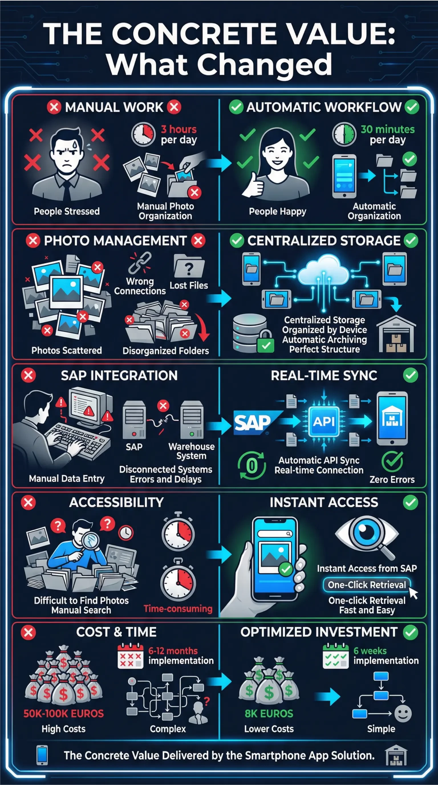 Infografica: Il Valore Concreto dell'App di Tracciamento - 5 benefici della soluzione mobile: Semplicità d'Uso, Velocità di Tracciamento, Organizzazione Automatica, Integrazione SAP, Costo Minimo. Confronti Prima/Dopo per ogni beneficio.