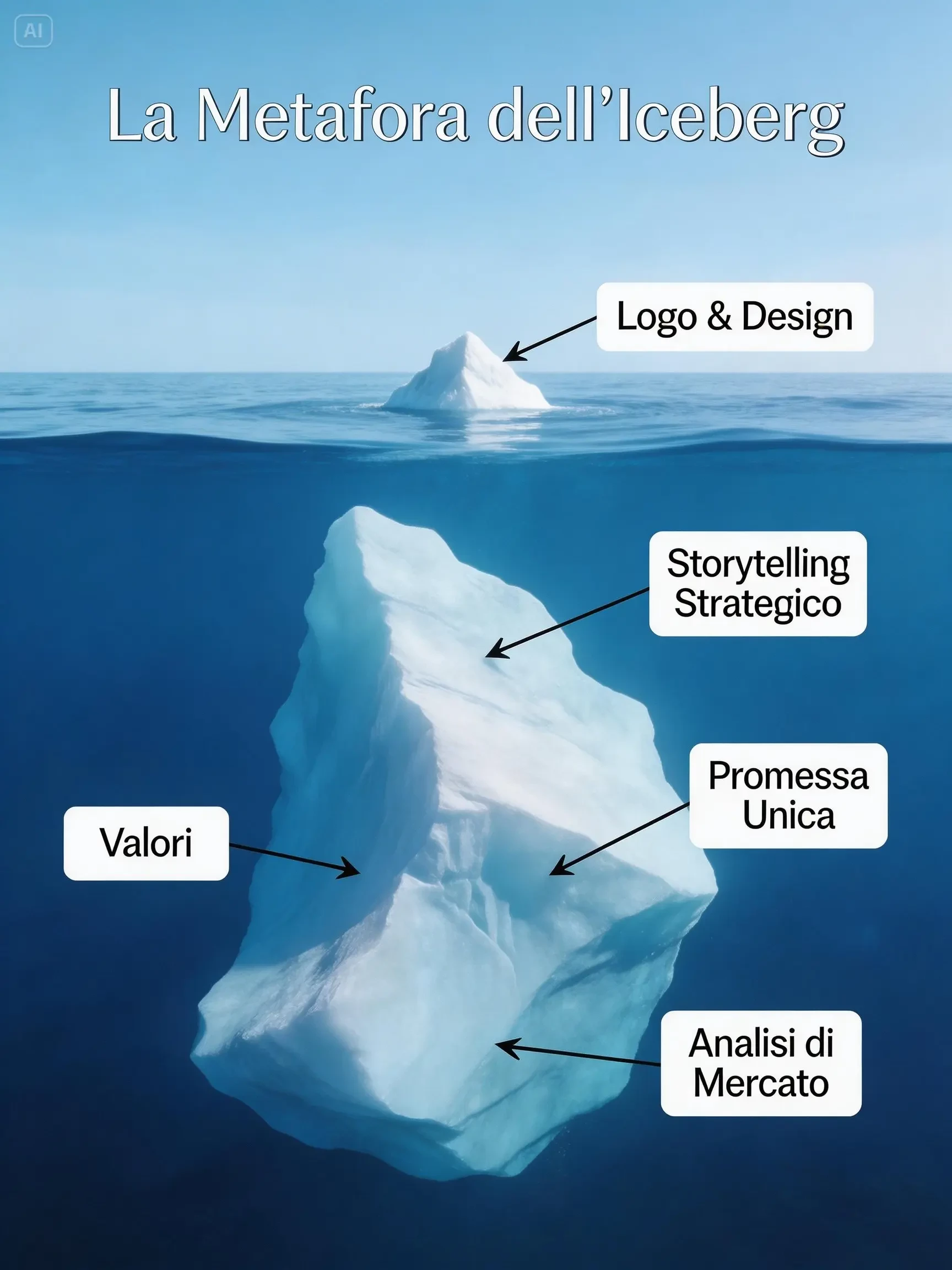 La Metafora dell'Iceberg, iceberg con punta visibile etichettata "Logo & Design" sopra il mare, massa enorme sott'acqua con aree etichettate "Valori", "Storytelling Strategico", "Promessa Unica", "Analisi di Mercato"
