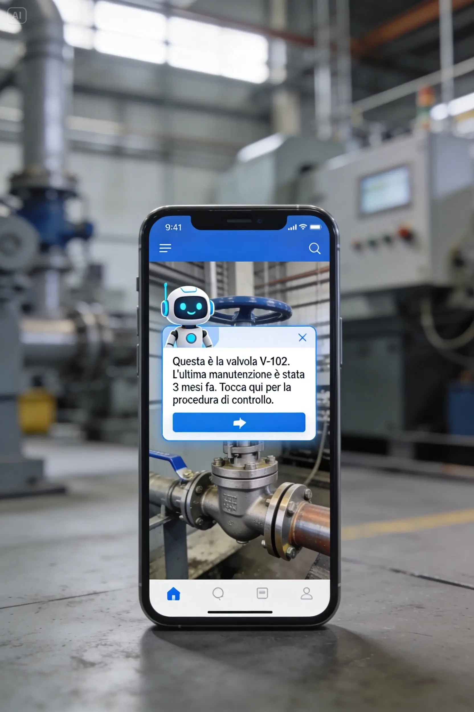 Primo piano su uno smartphone in un ambiente industriale, schermo con interfaccia di un'app di assistenza AI