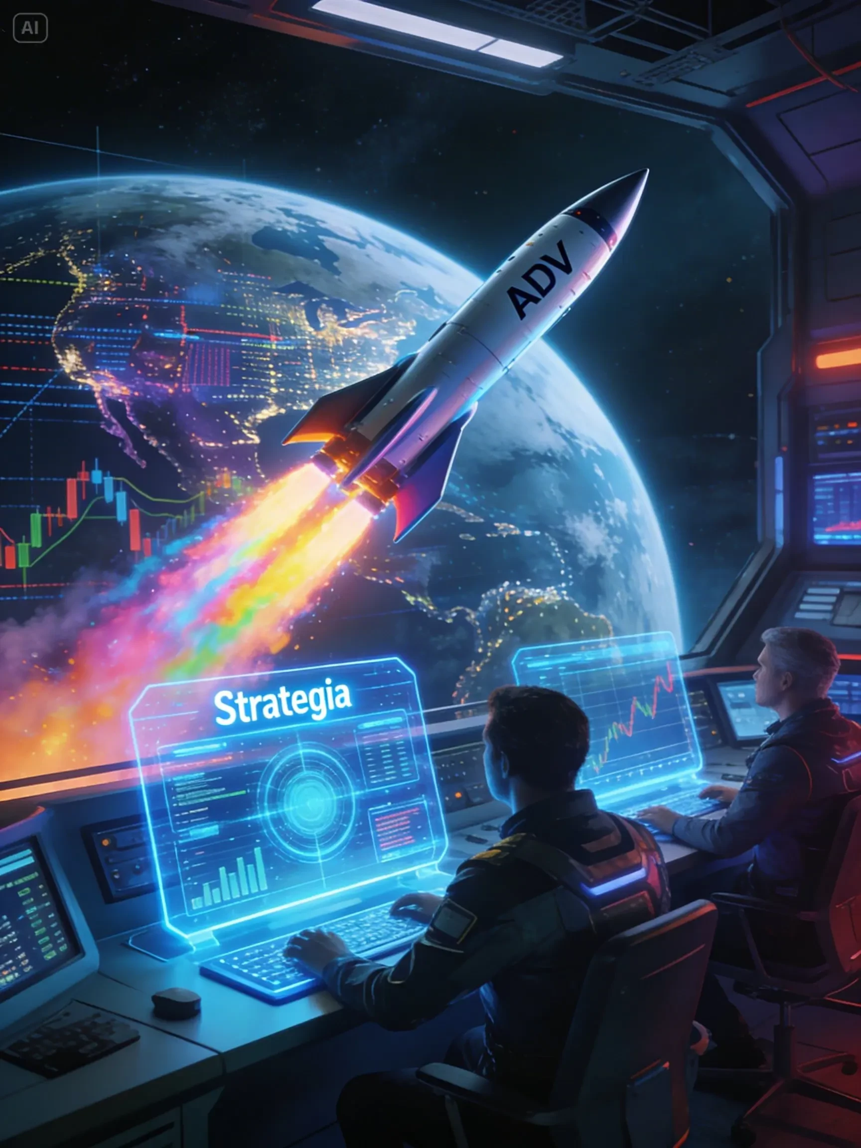 La Sala di Controllo del Lancio, futuristica come NASA, strateghi analizzano dati su schermi olografici (Strategia), razzo (ADV) decolla con scia colorata, diretto verso pianeta che rappresenta mercato