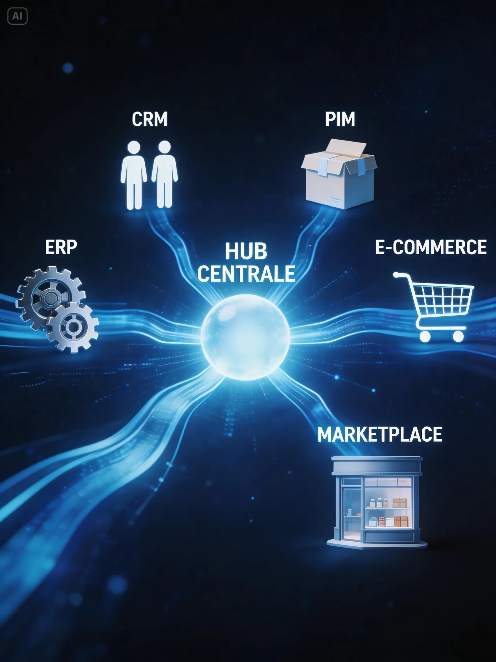 Hub Centrale, nucleo centrale luminoso e astratto, flussi di dati luminosi che si diramano da esso, icone stilizzate intorno (ERP: ingranaggi, CRM: figure umane, PIM: scatola di un prodotto, e-commerce: carrello della spesa, marketplace: vetrina di un neg
