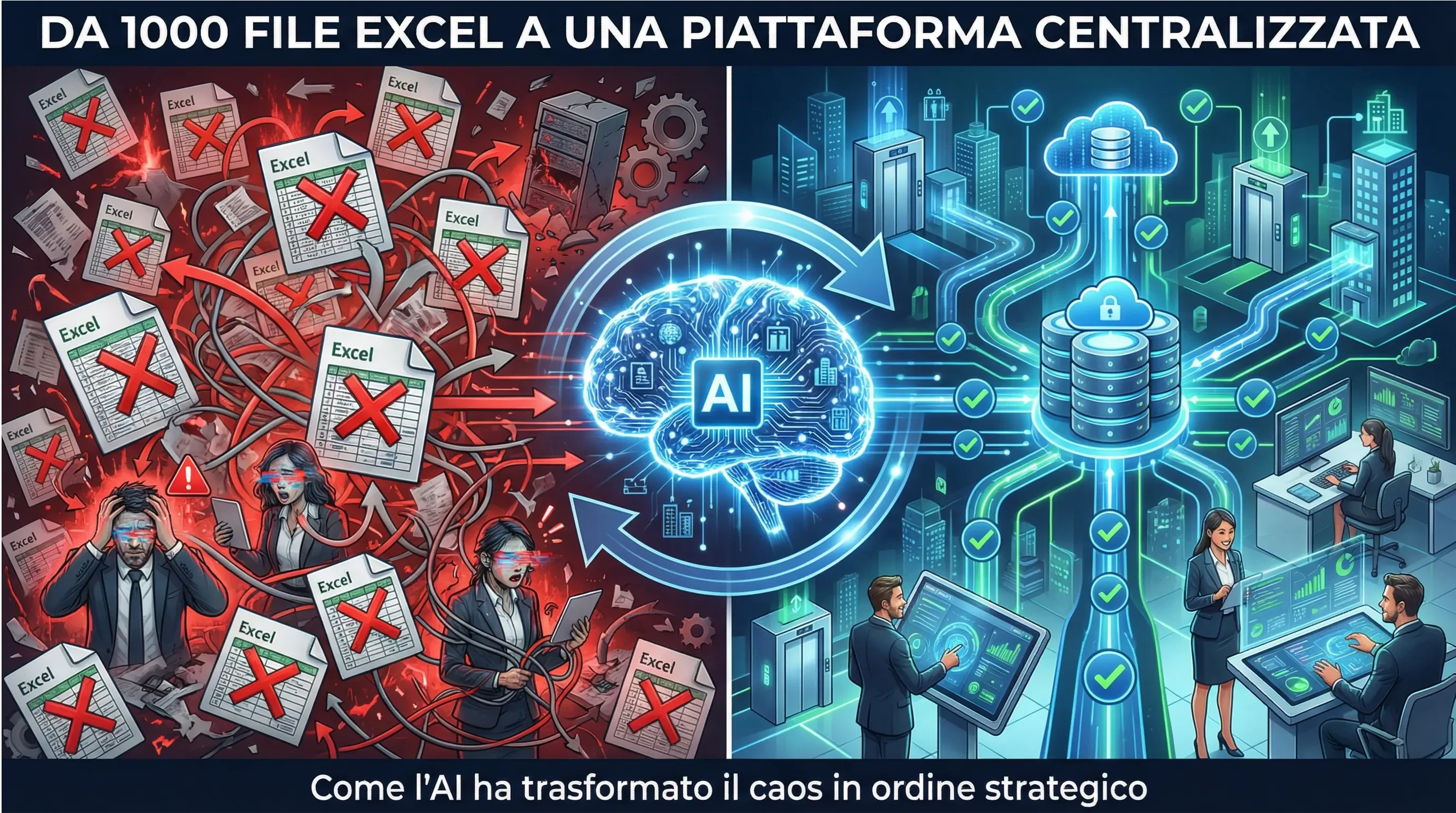 Copertina blog: Da 1000 File Excel a Una Piattaforma Centralizzata - Contrasto tra il caos dei file Excel dispersi (sinistra, rosso) e l'ordine della piattaforma centralizzata (destra, verde/blu), con AI brain al centro che trasforma il caos in ordine