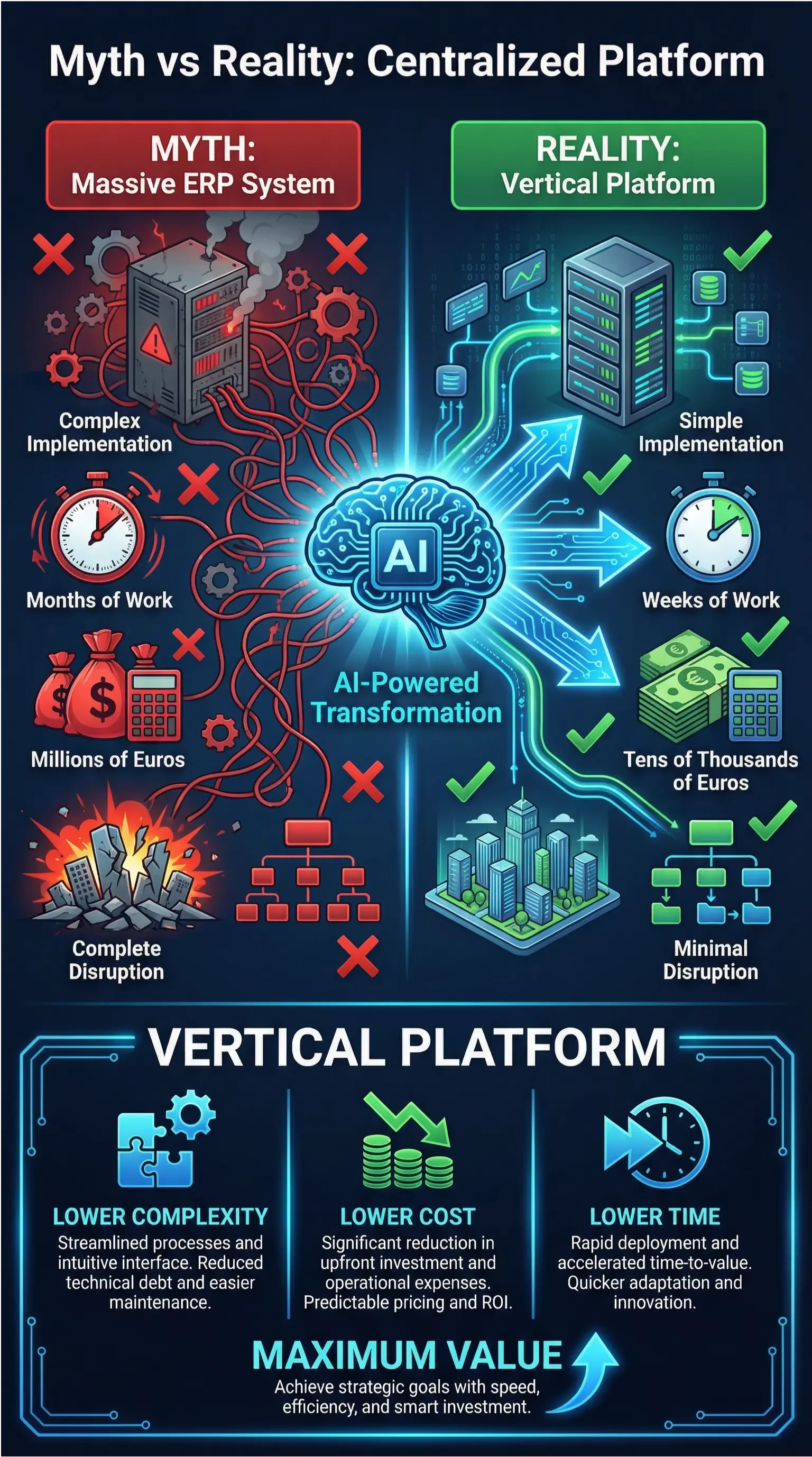 Infografica "Myth vs Reality: Centralized Platform" che confronta il mito di una piattaforma centralizzata complessa e costosa con la realtà di una piattaforma verticale semplice ed economica.